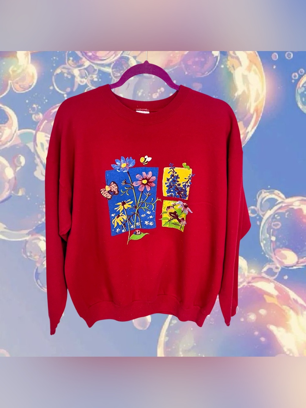 Vintage Hanes Her Way red distressed garden critters sweater